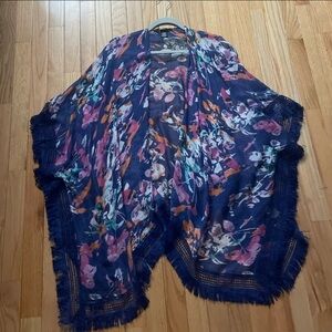 CEJON Navy Pink and Orange Tassle Poncho
